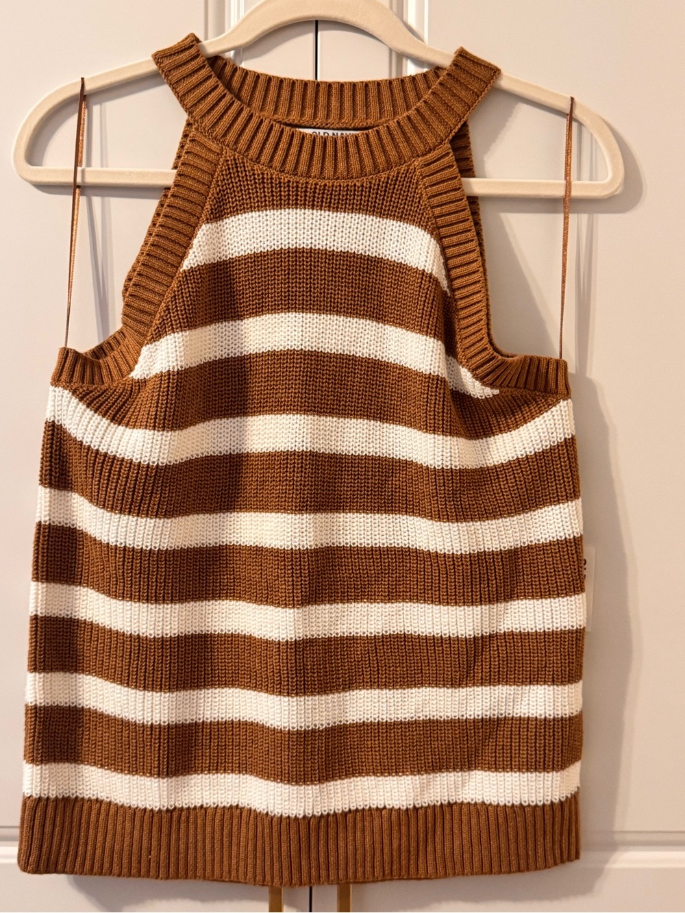 NWT Old Navy Striped Shaker-Stitch Halter Knit Sweater Tank Top L Brown & Cream